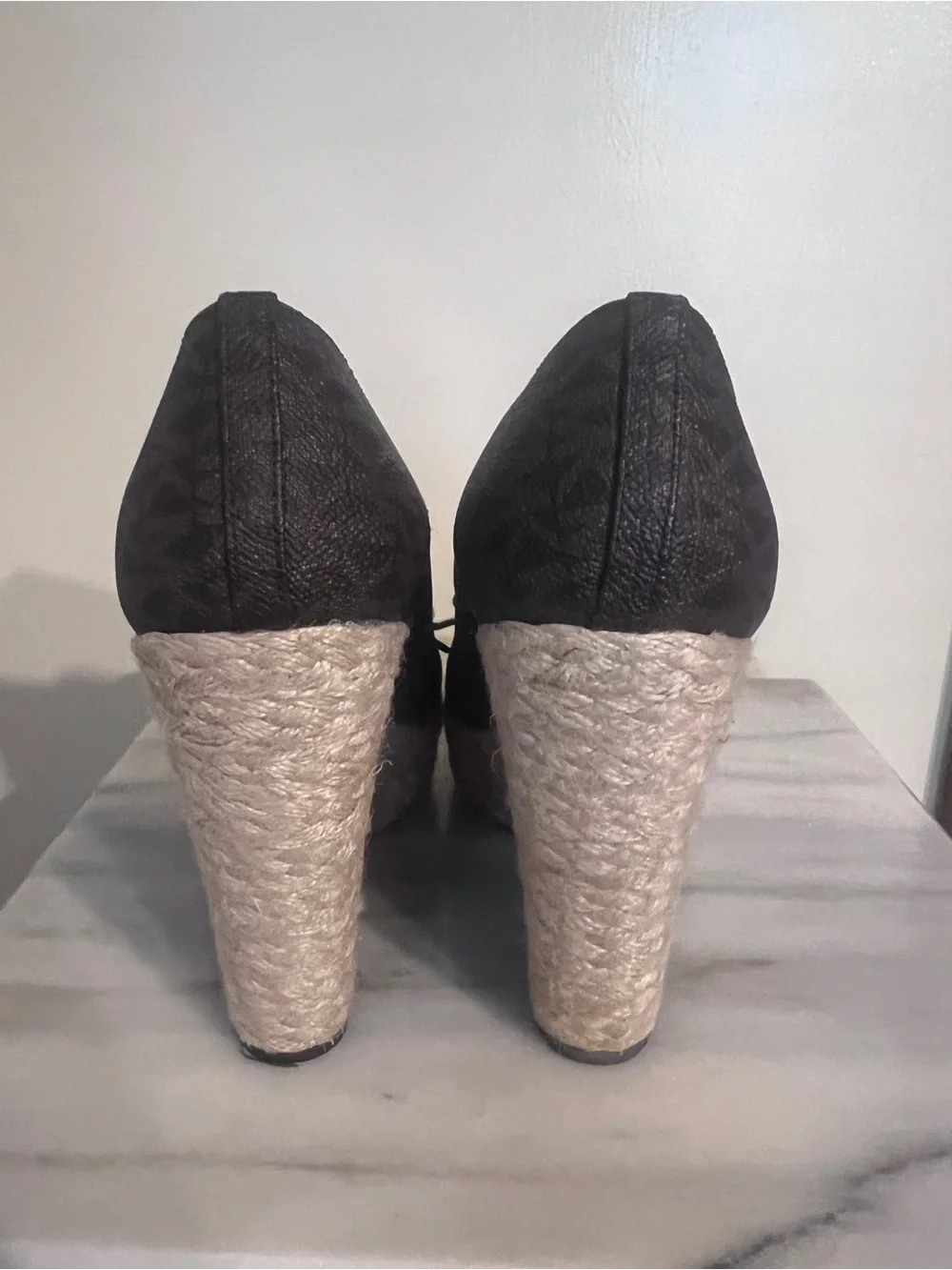 Michael Kors Dark Brown Peep-Toe Wedge Espadrilles with Bow